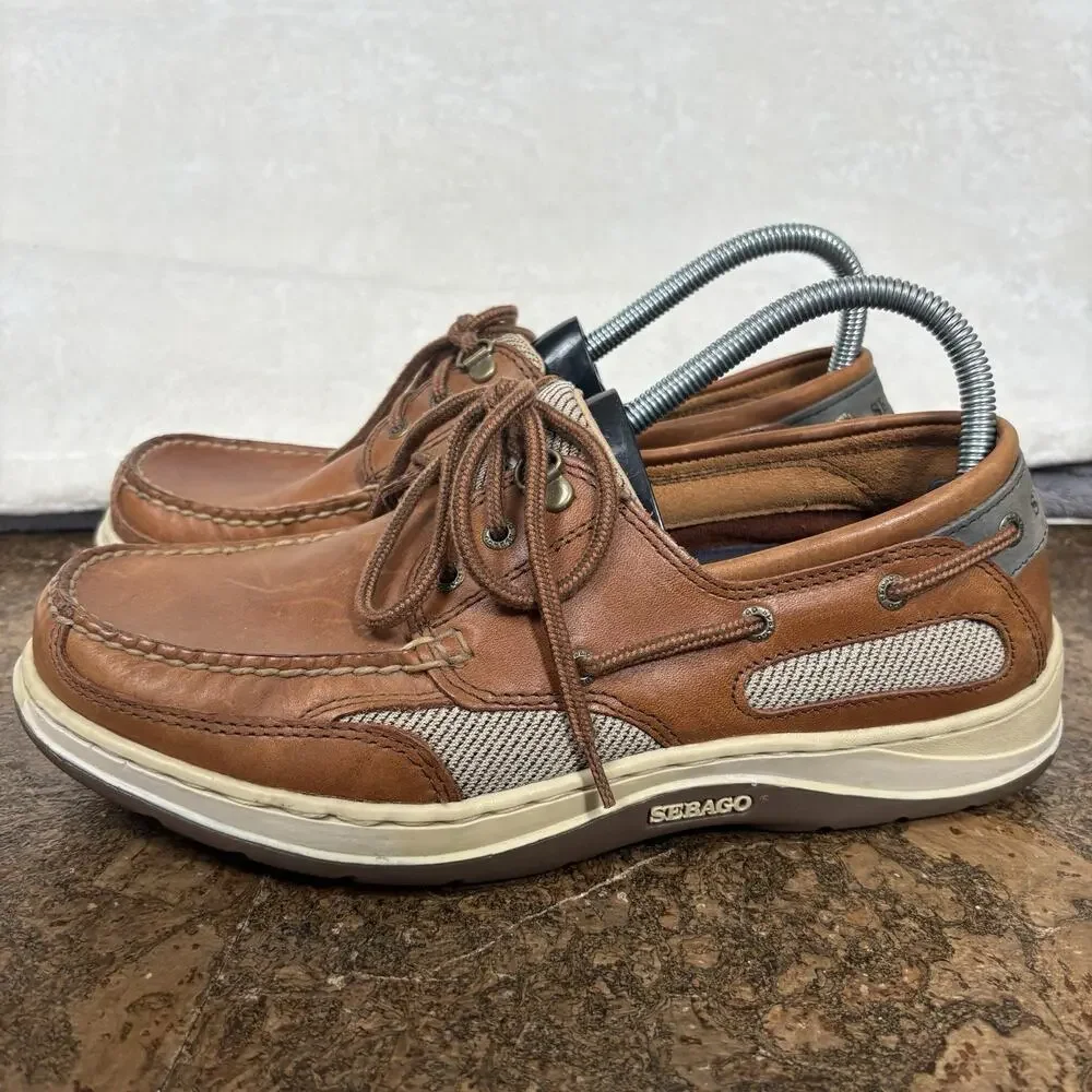 Sebago Brown Leather Boat Shoes Lace Up Comfort Deck Loafers Mens 8.5 WW